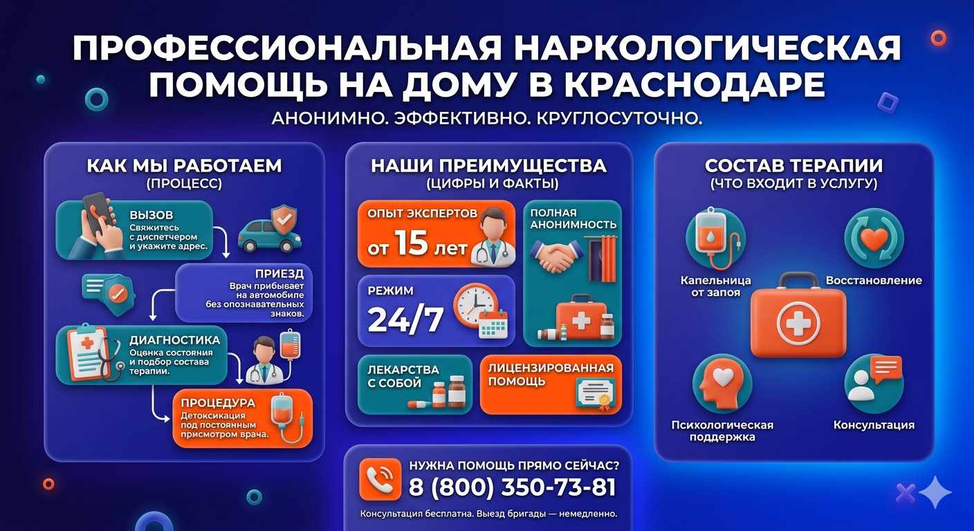 Инфографика о принципах лечения алкоголизма на дому в Дзержинск: этапы вызова нарколога, преимущества анонимной детоксикации и состав медицинской помощи.